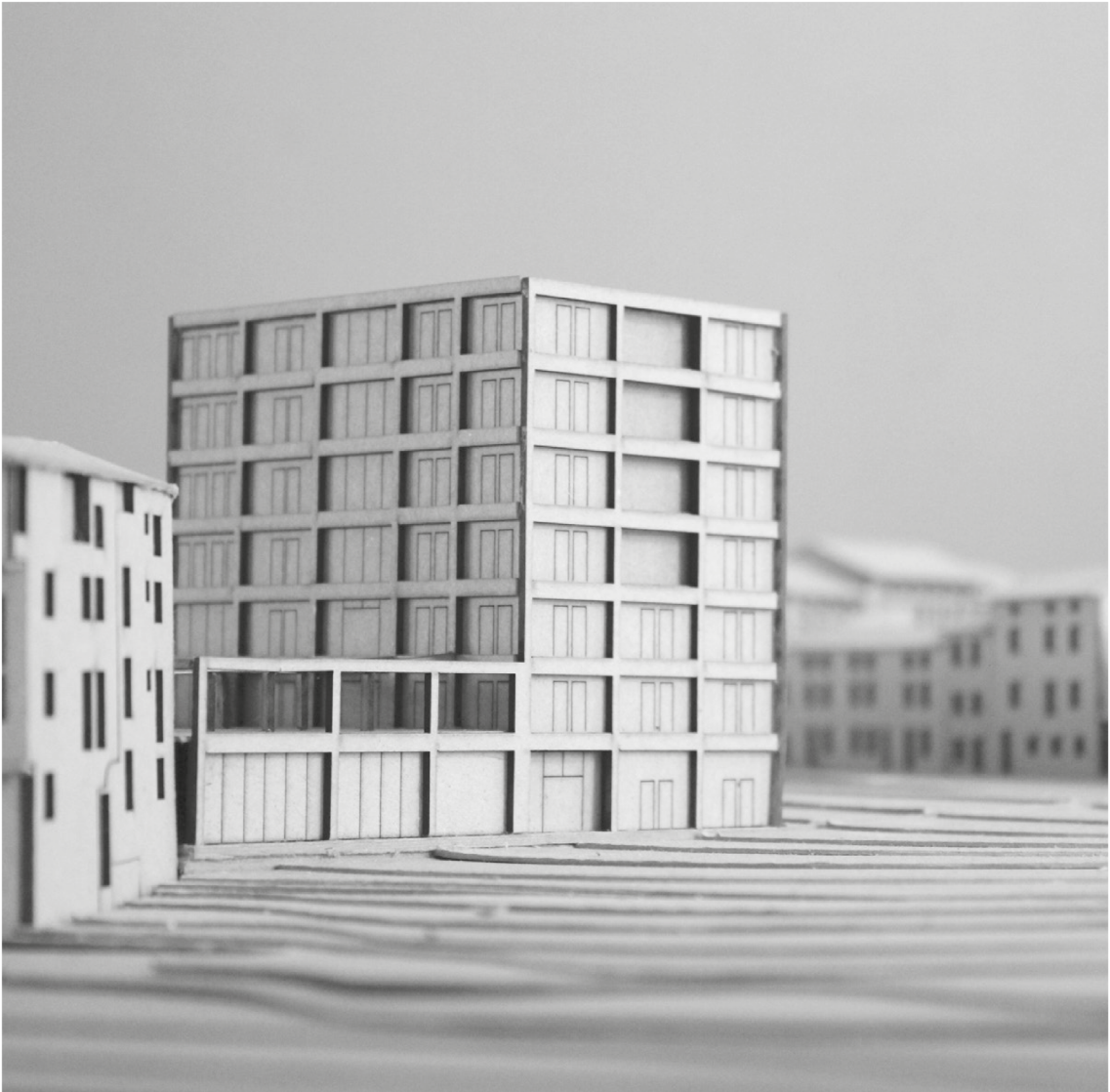Physical model illustrating the building’s urban massing and contextual scale.