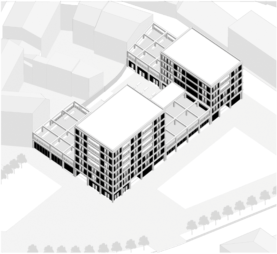 Axonometric view showing the vertical integration of public and residential programs.