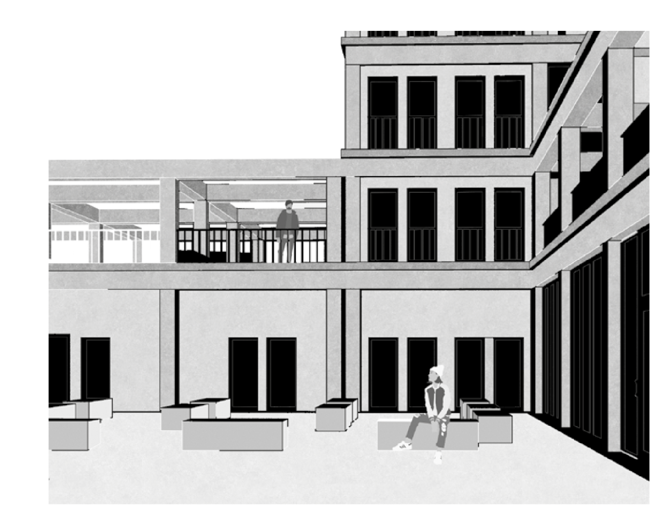 Shared courtyard acting as a semi-public social space between housing volumes.