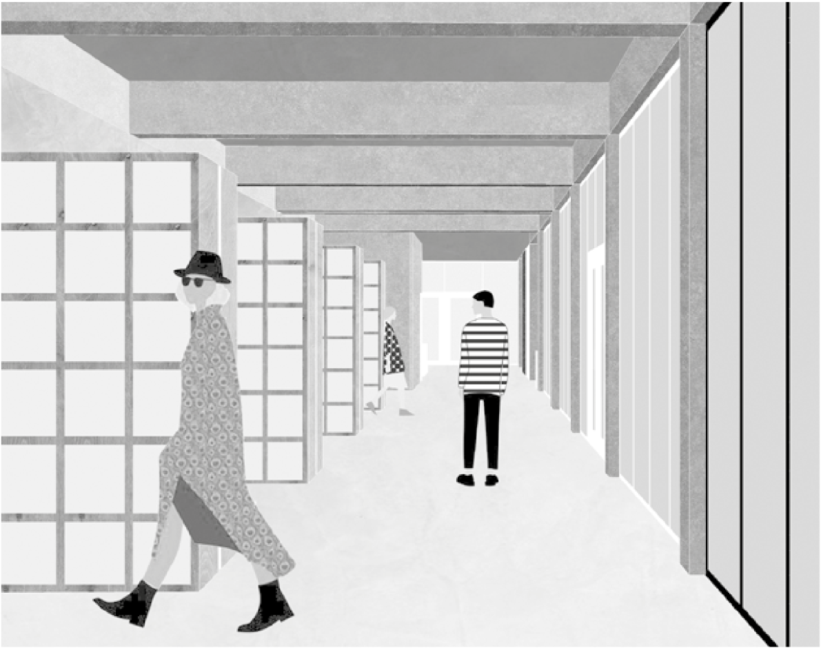 Library interior corridor designed for openness, movement, and informal interaction.