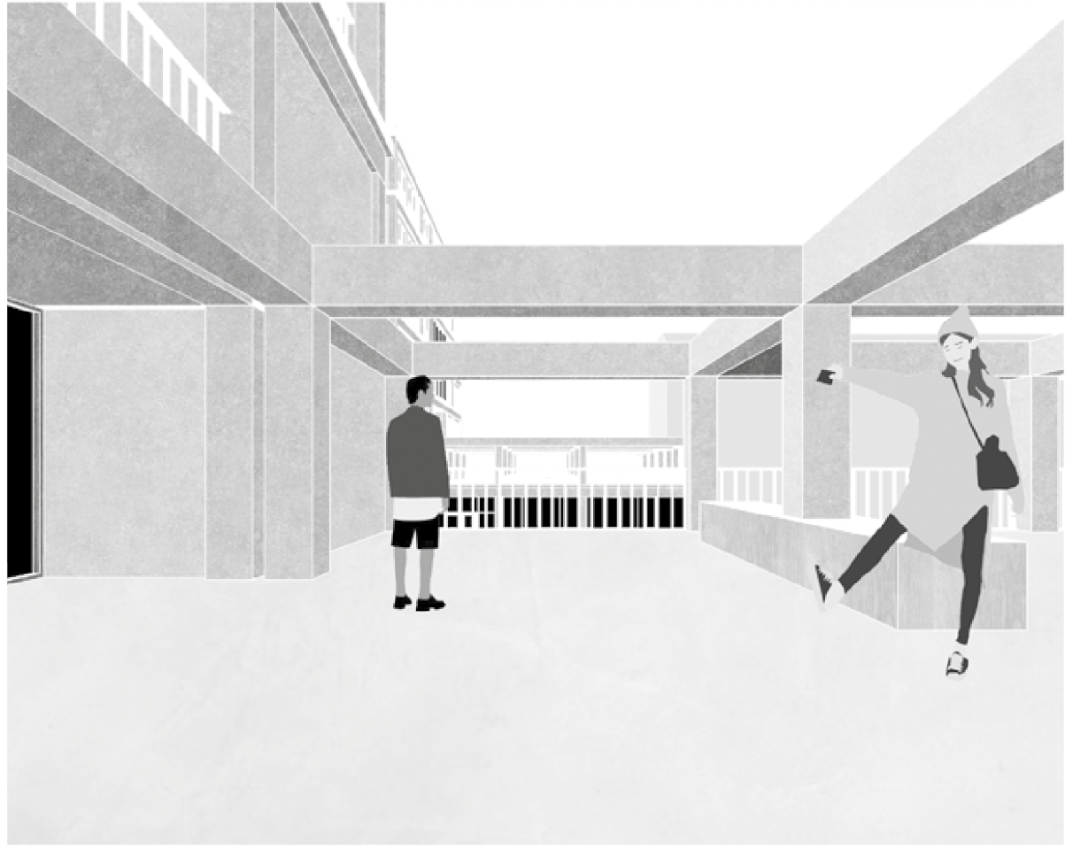 Common outdoor gallery connecting housing units and shared terraces.