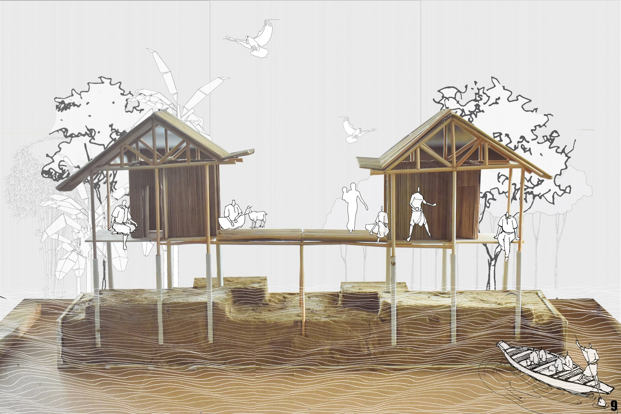 Elevated bamboo houses designed on stilts to withstand seasonal flooding along the Jamuna Riverbank.