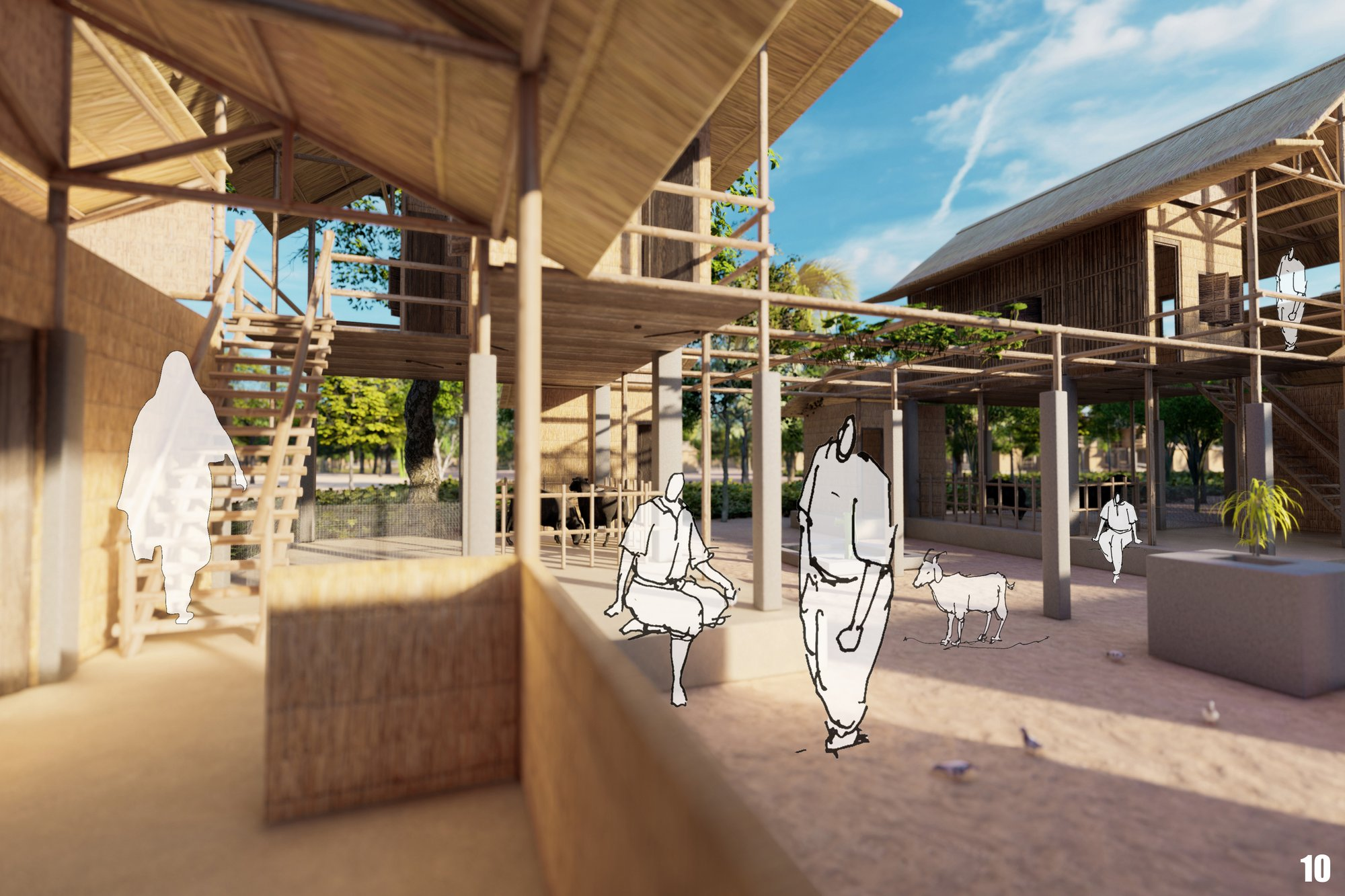 Open ground level spaces allow livestock shelter, circulation, and community interaction beneath the raised homes.