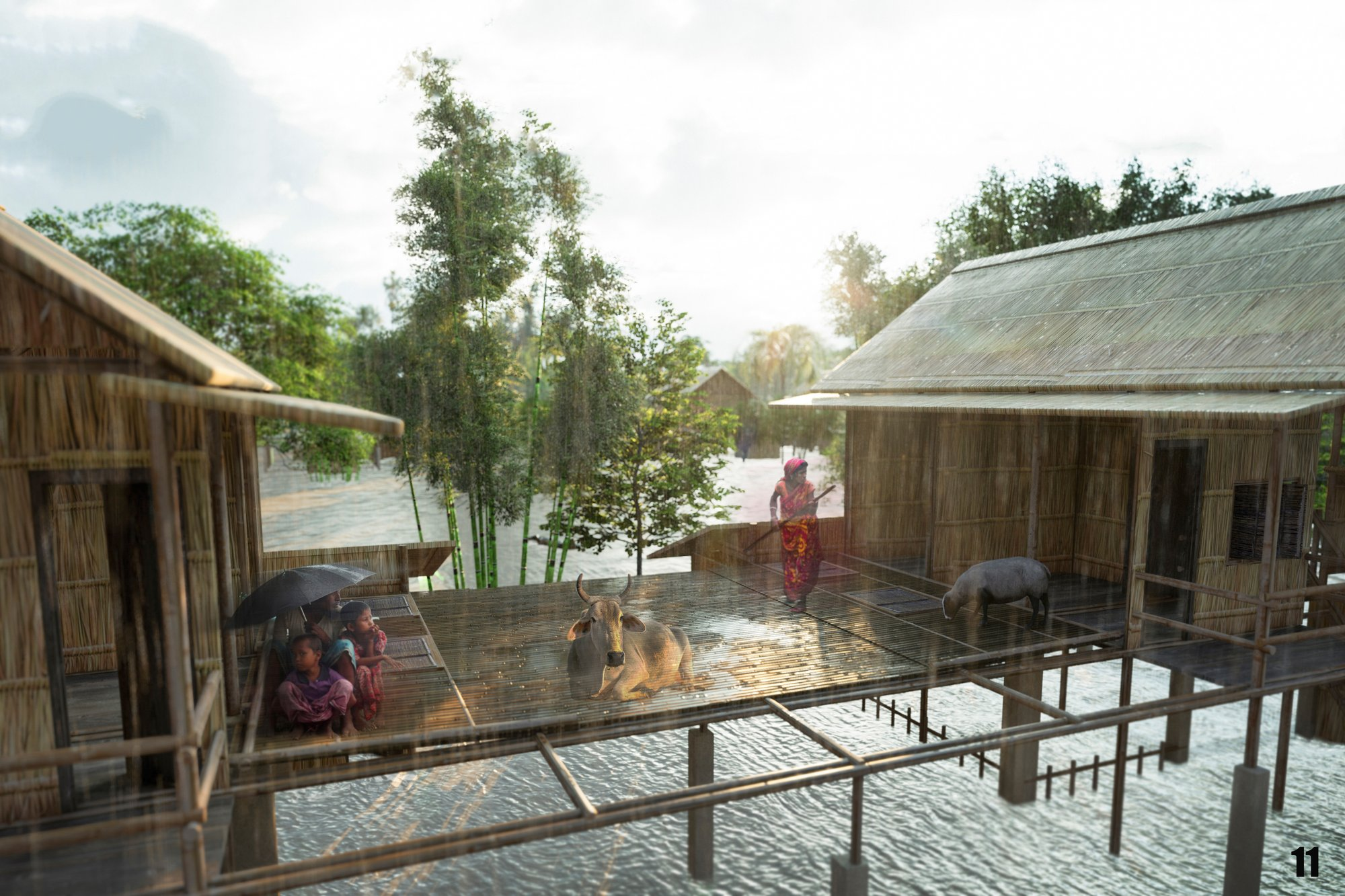 Shared elevated platforms create safe communal spaces during flood periods while maintaining everyday social activities.