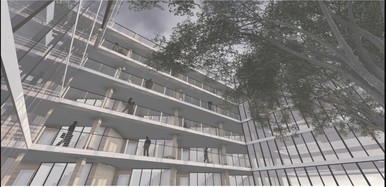 Open courtyard circulation fostering vertical community interaction.