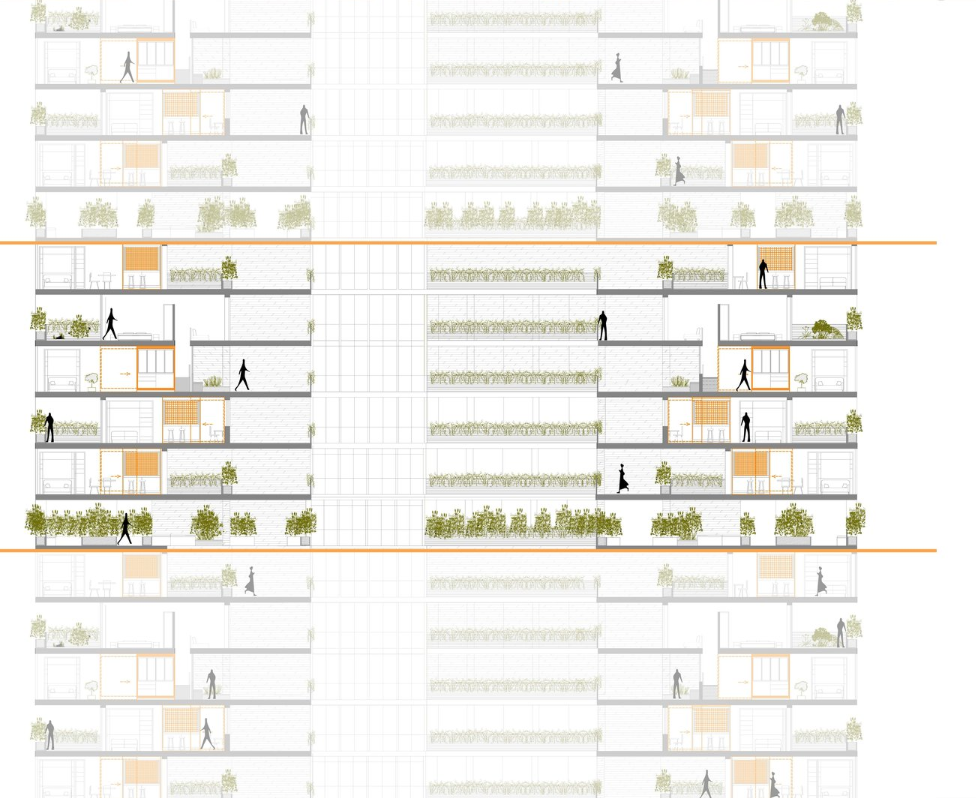 Cross-section illustrating layered communal spaces and flexible unit integration.