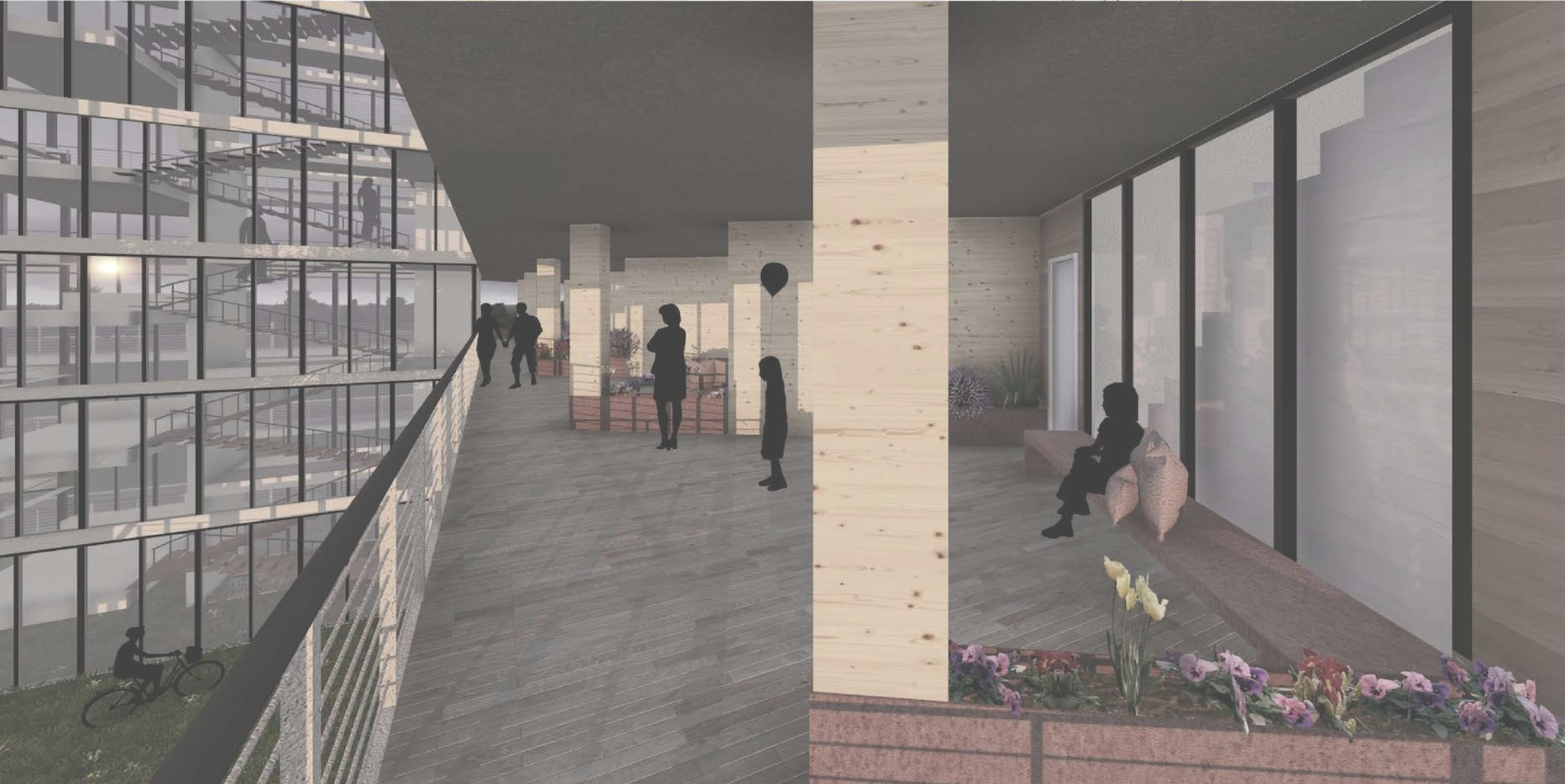 Shared balcony corridor activating social life within a modular housing system.