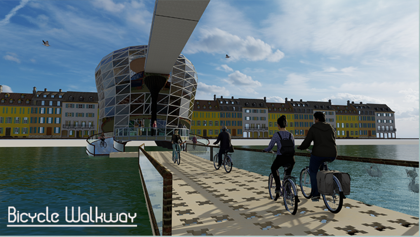 Dedicated cycling pathway skimming the water, enhancing sustainable mobility and user experience.