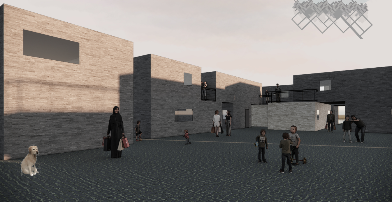 Community courtyard formed by interlocking modules, fostering social interaction and everyday life.