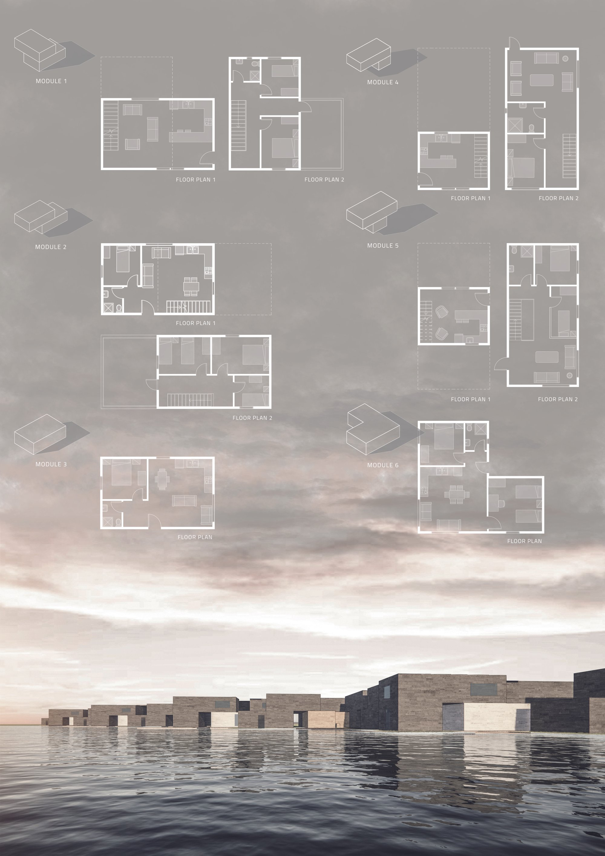 Axonometric study showing modular aggregation and expansion possibilities within the settlement system.