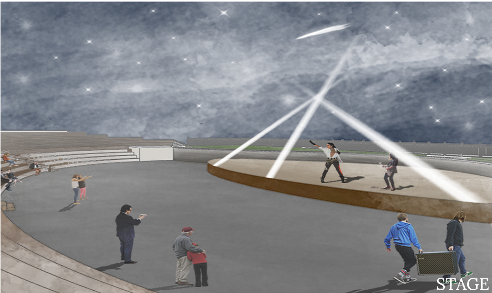 A dynamic outdoor stage activates the square, hosting performances, festivals, and community gatherings.