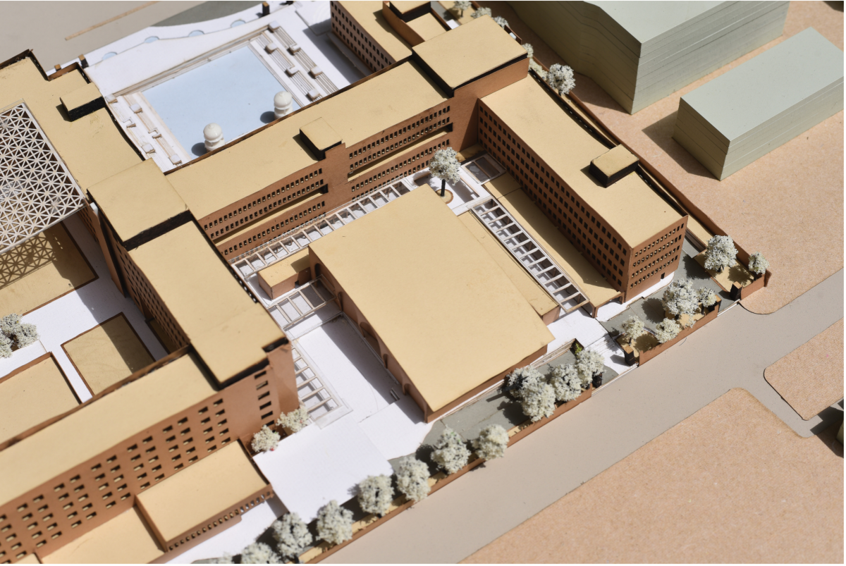 Inner court and circulation spine integrating bazaar and public plaza.