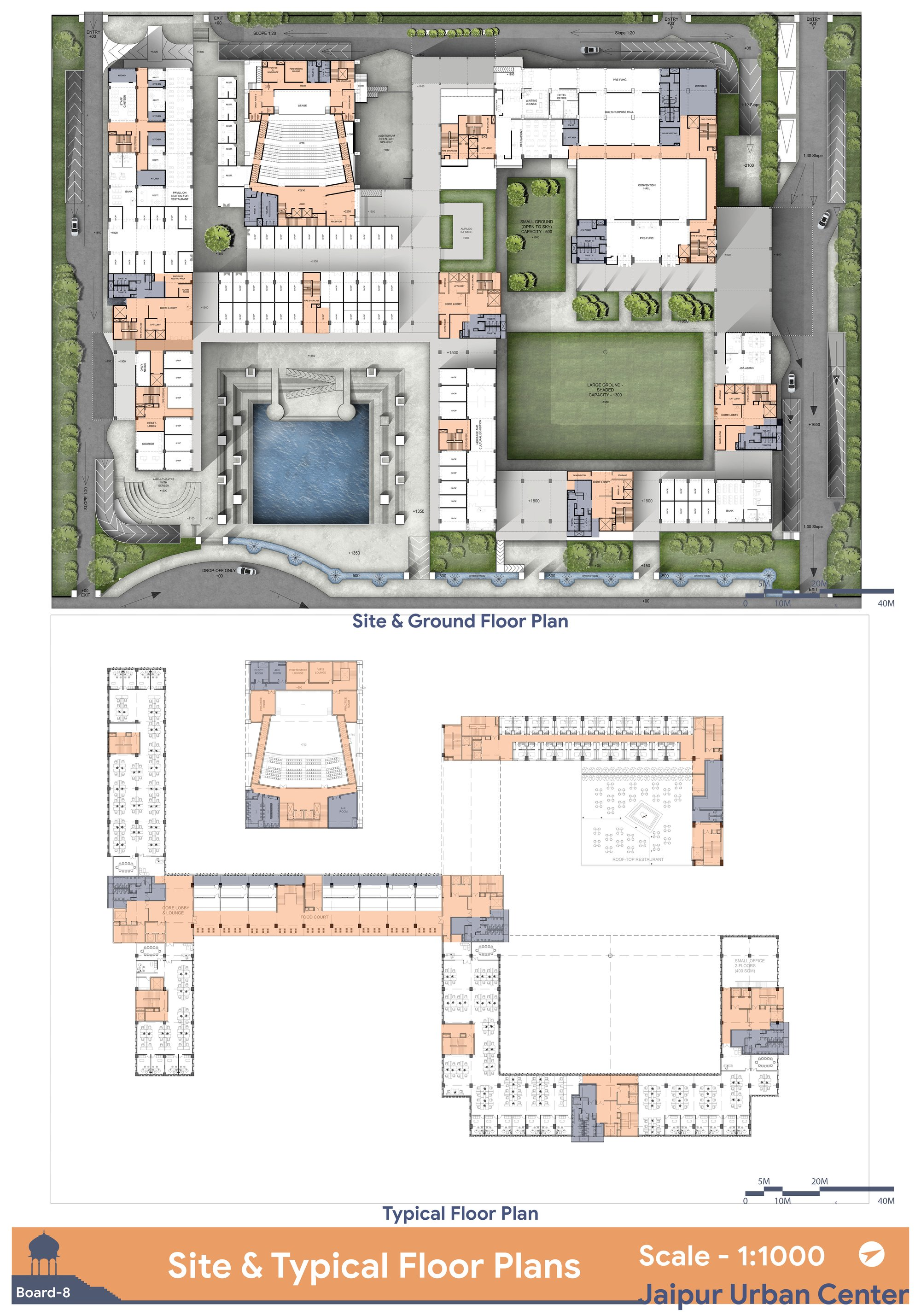 Site and typical floor plans organizing market, offices, convention, and lodging.