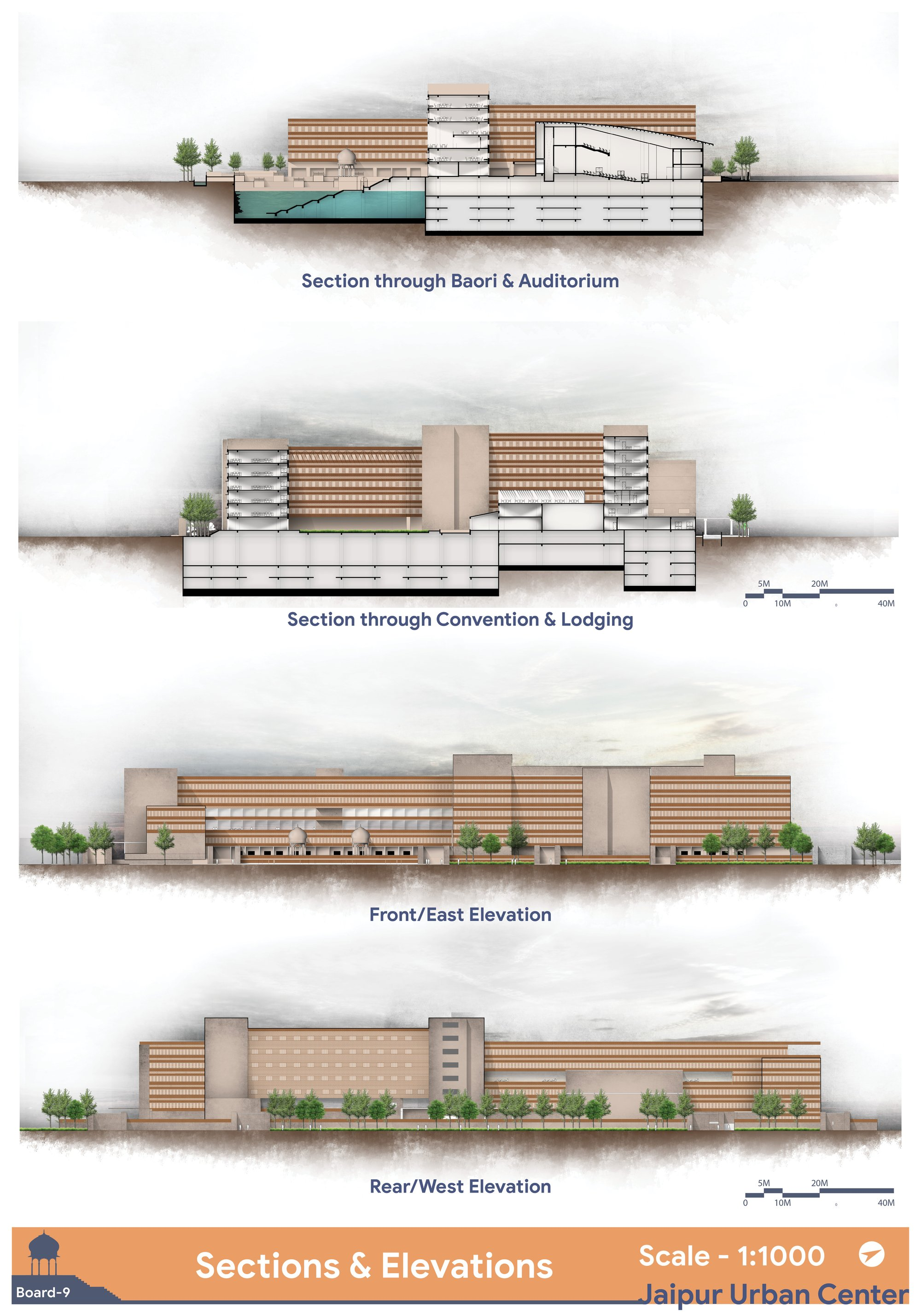 Sections and elevations revealing baori integration and layered facade expression.