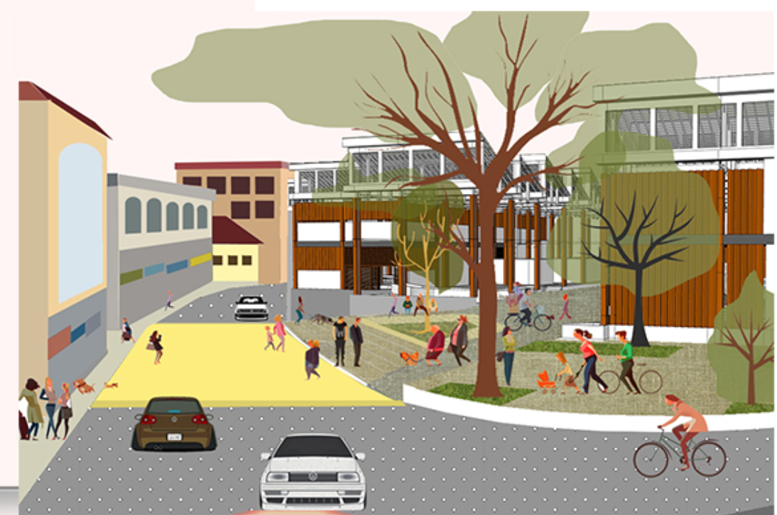 The redesigned market plaza activates the street edge, blending commerce, community interaction, and shaded public space.