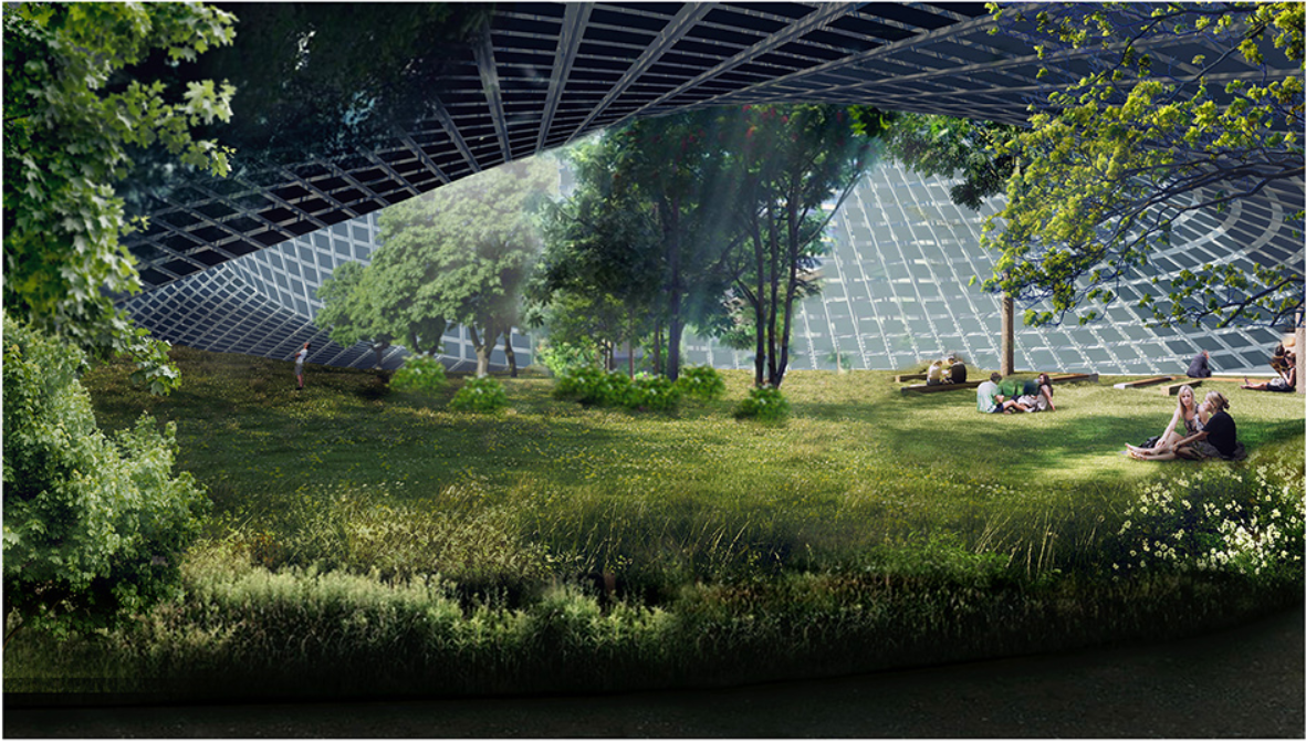 Regenerated landfill transformed into a public green landscape beneath the looping façade.
