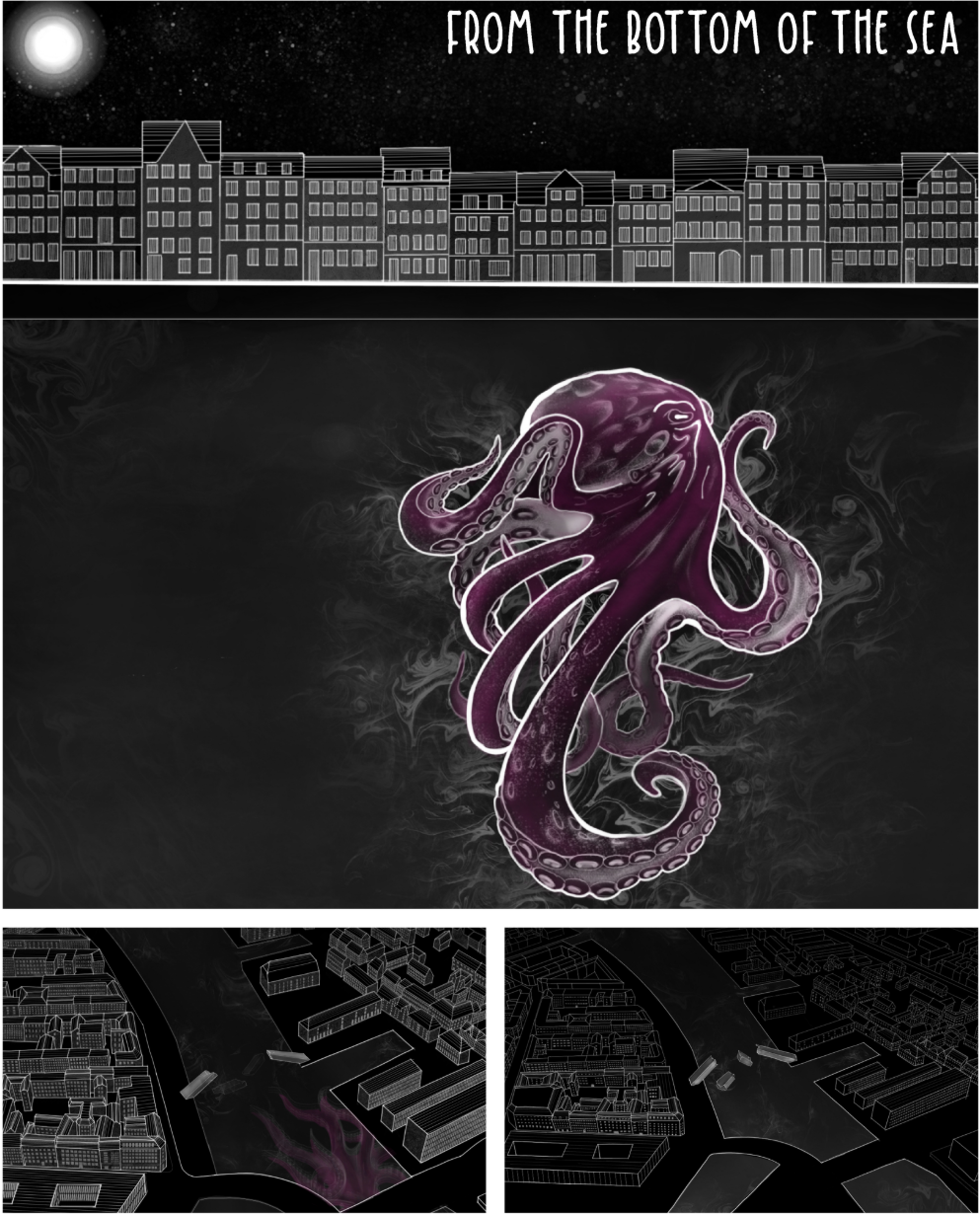  The kraken as a metaphor for climate change emerging from the depths of the city.