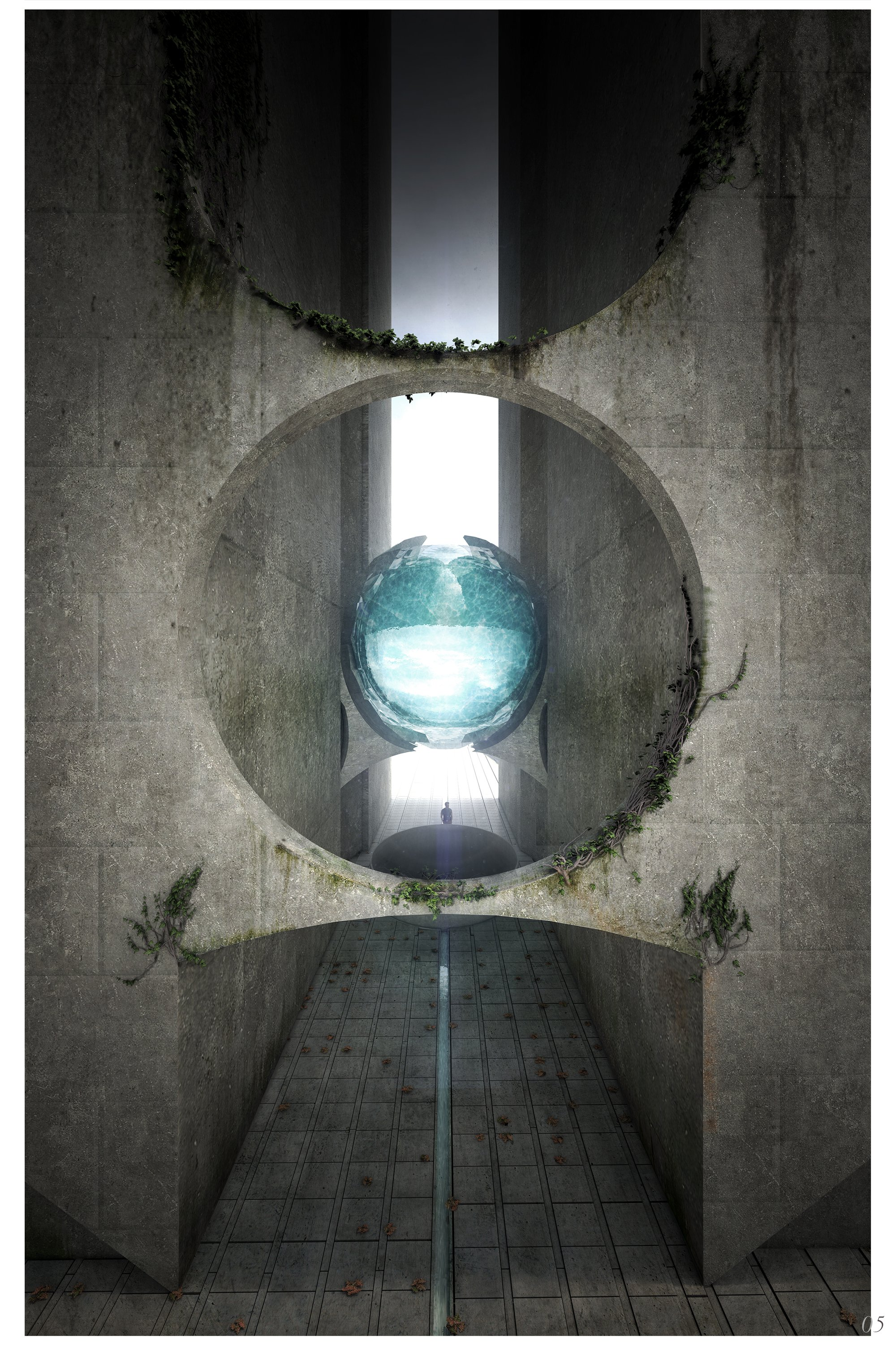 A suspended water core glows within monumental concrete walls, symbolizing life and memory.