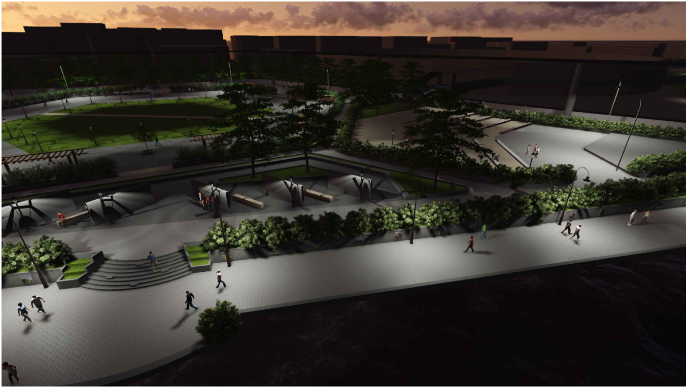 Night-lit river promenade activating the public edge with seating, steps, and interactive installations.
