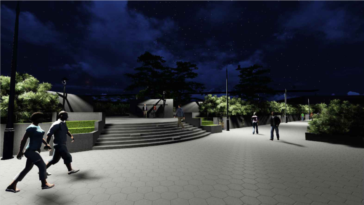 Steps promenade at night enhancing safety, movement, and riverfront engagement.