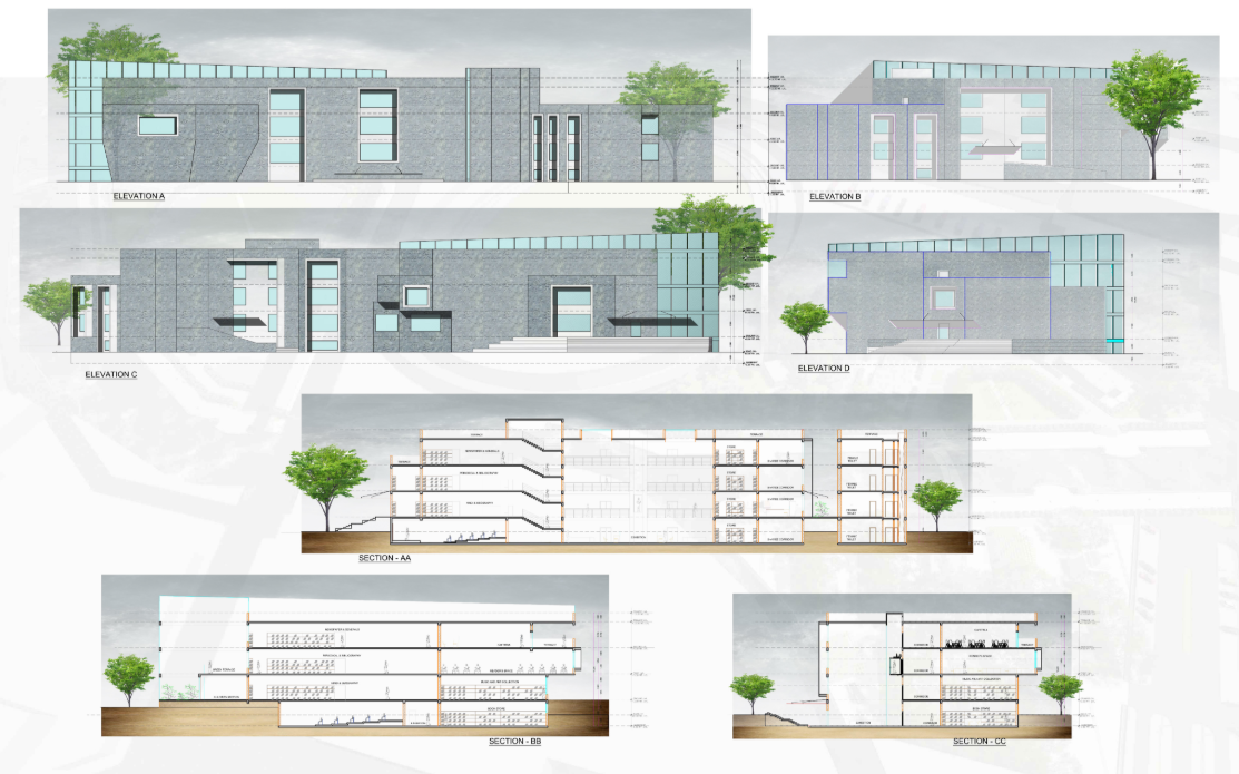 Elevations and sections of the Walking Library showcasing spatial layering and façade articulation.