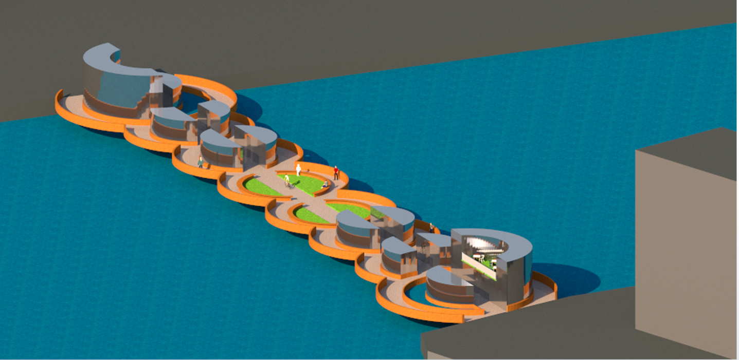 Aerial perspective of The City Link showcasing its circular modules connecting both sides of the waterfront.