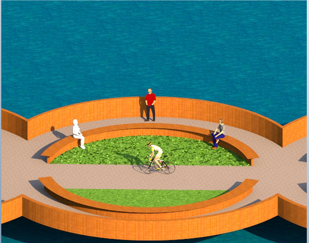 Central green lounge designed as a social public space integrated within the cycling bridge.