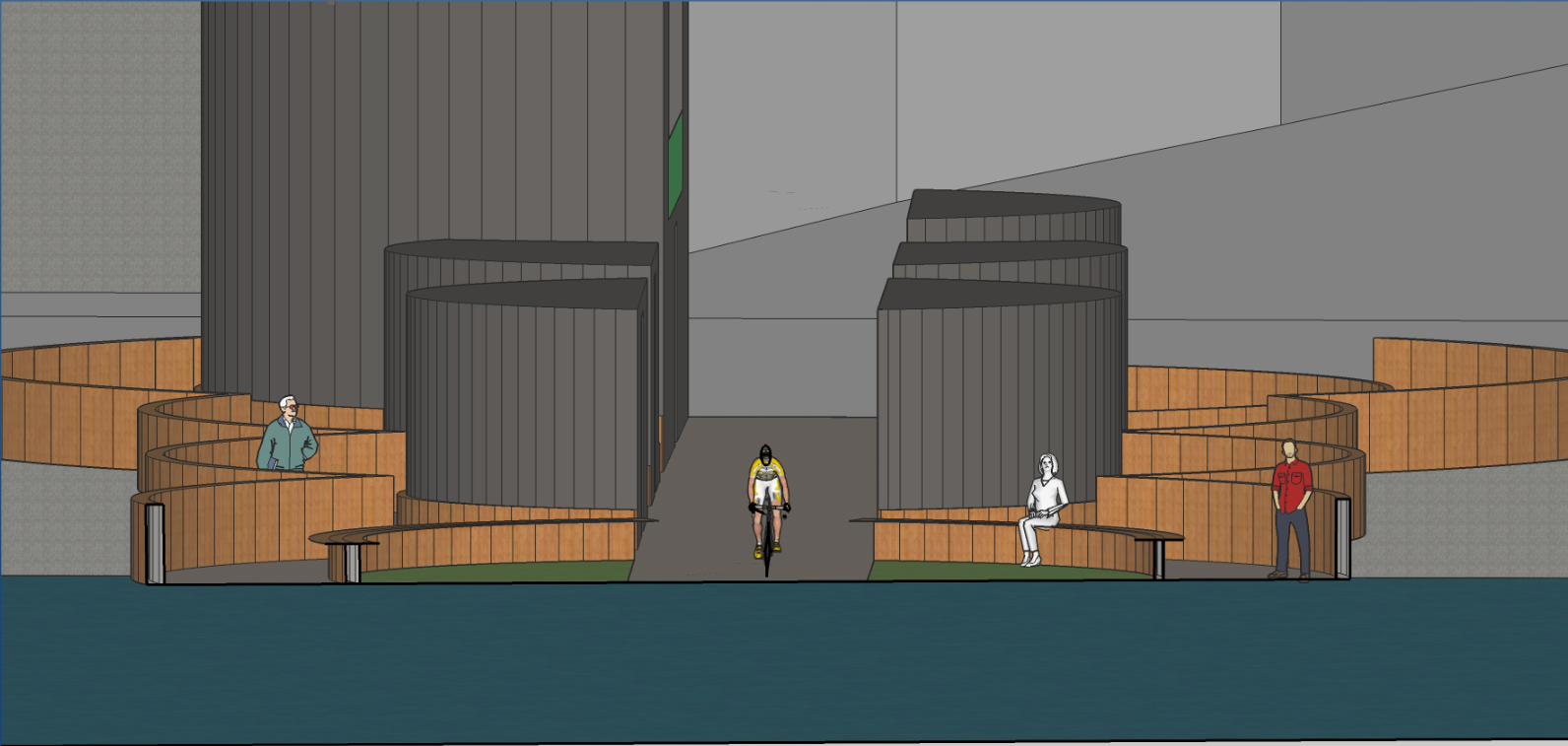 Sectional view highlighting pedestrian seating zones and the dedicated cycling corridor.