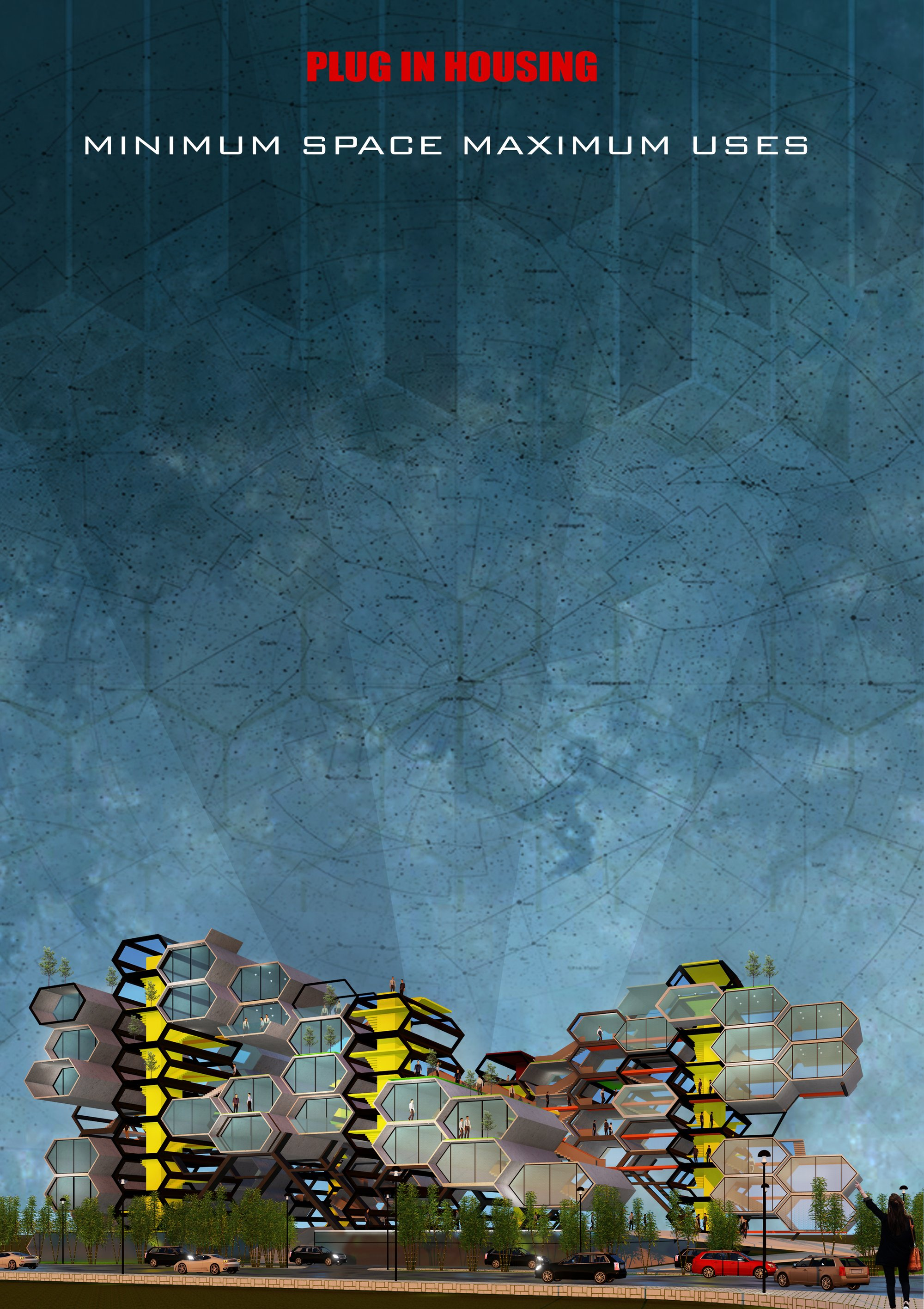 Honeycomb-inspired micro housing architecture redefining urban density through modular plug-in units.