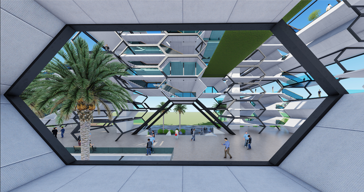 Hexagonal structural grids frame dynamic circulation and multi-level social terraces.