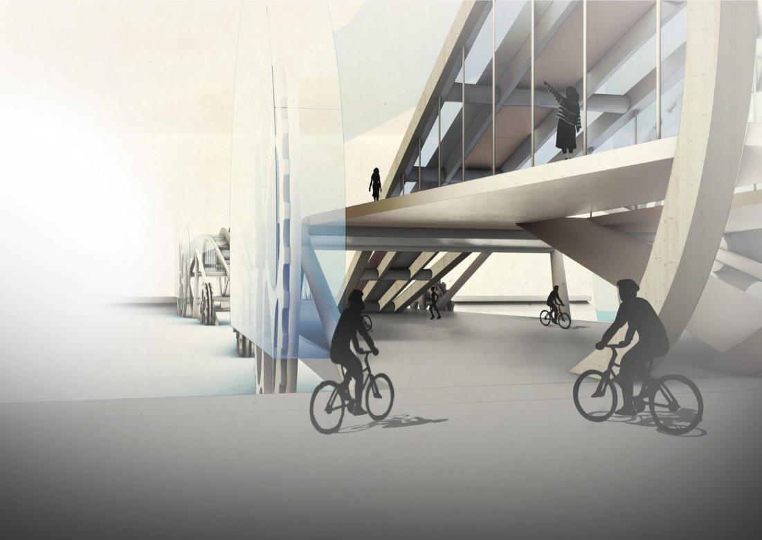 Interior perspective showing layered circulation for cyclists and pedestrians within the bridge structure.