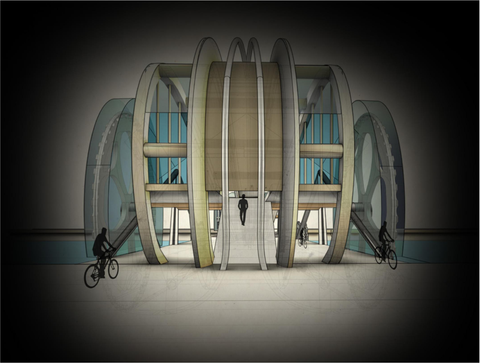 Front elevation highlighting the exposed rotary mechanism inspired by bicycle gears.