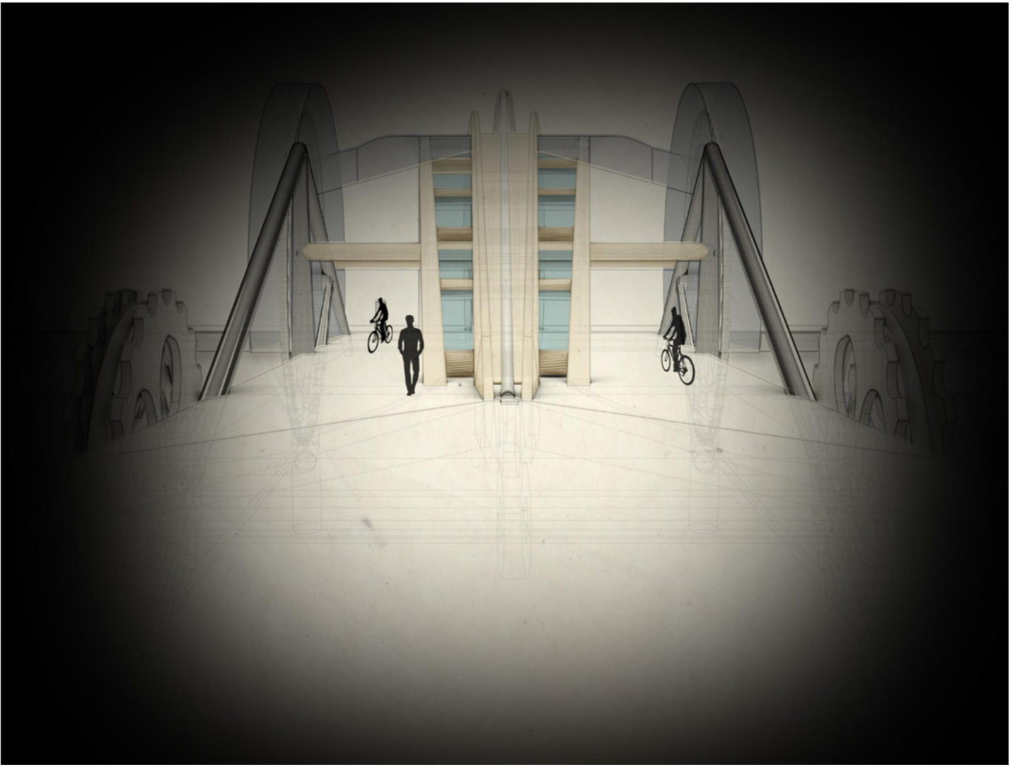 Central approach view emphasizing structural symmetry and dual-direction cycling paths.