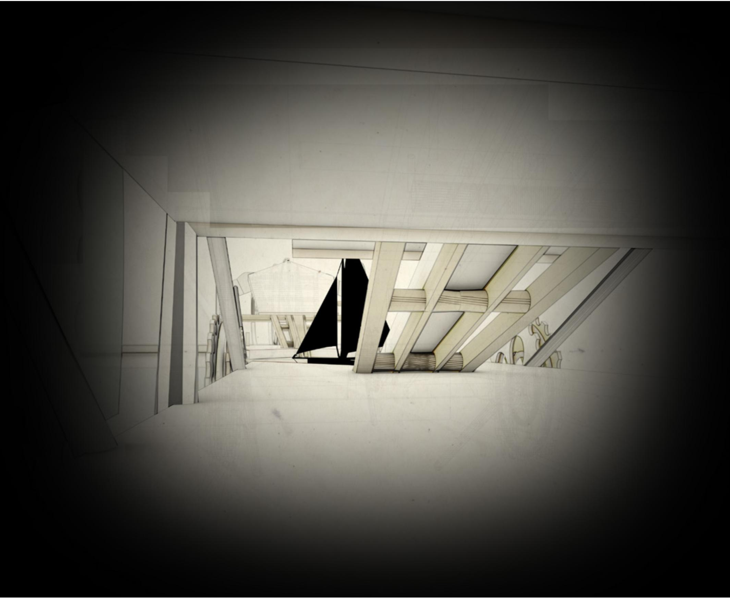 Underside view revealing the articulated truss system and retractable floorplates.