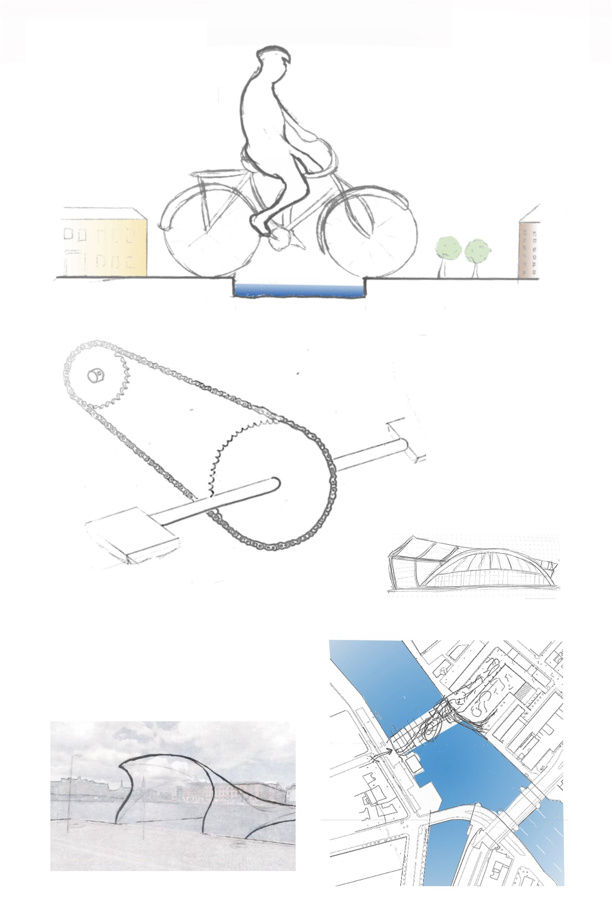 Concept diagram illustrating the bicycle-driven mechanical inspiration and urban site integration.