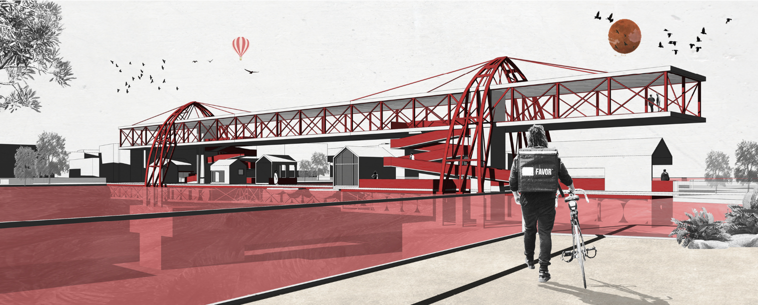The elevated skywalk ensures uninterrupted cycling circulation while ships pass beneath.