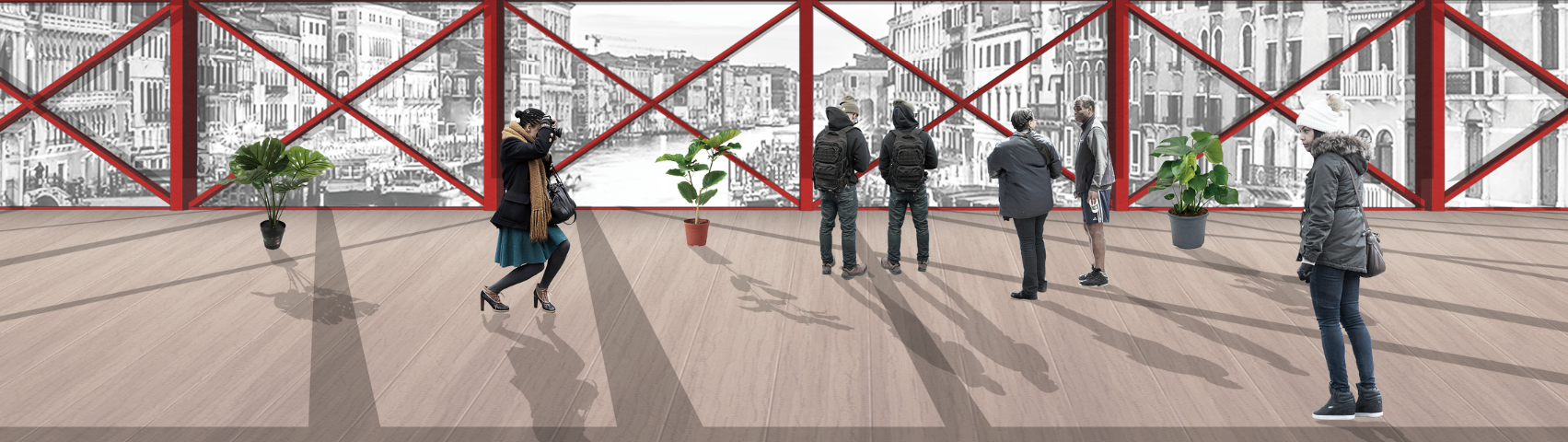 Upper-level viewpoint offering panoramic urban vistas framed by the bridge’s bold red superstructure.