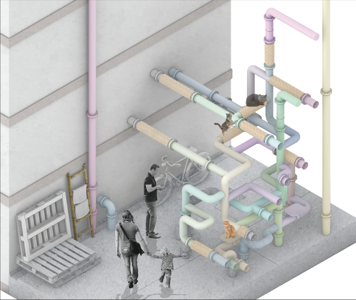 Modular pipe installation transforming service walls into playful urban design elements.