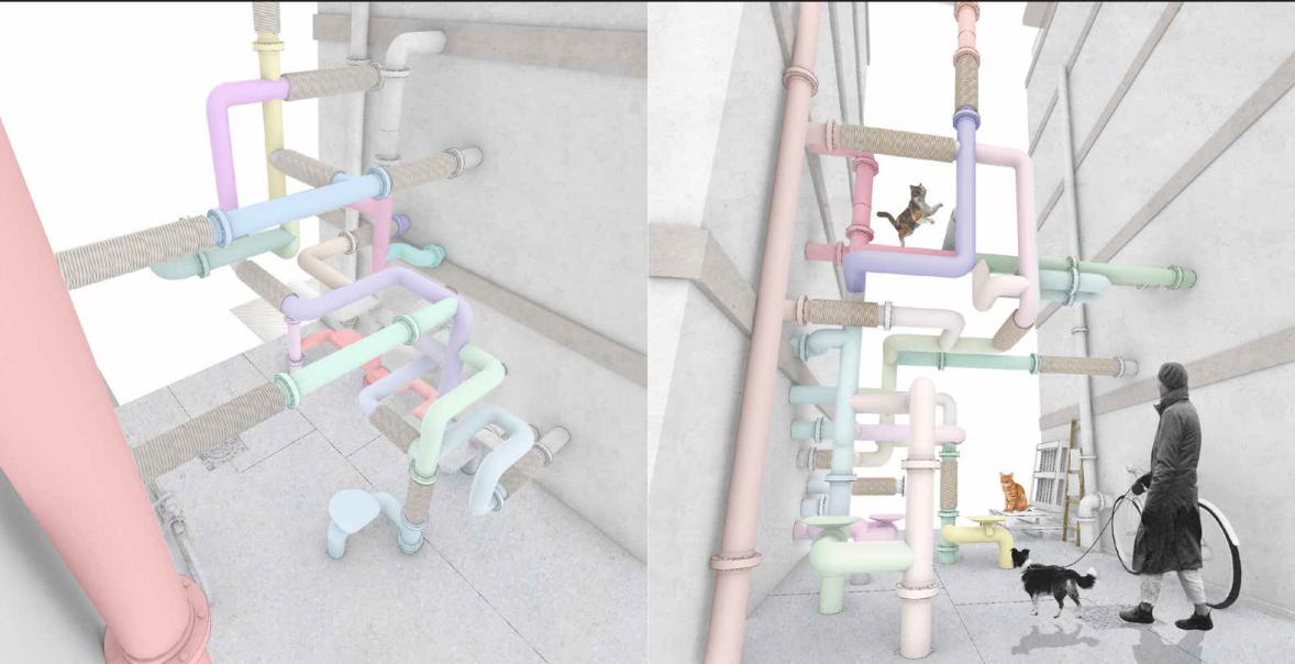 Elevated tube network allowing cats to navigate independently above pedestrian flow.