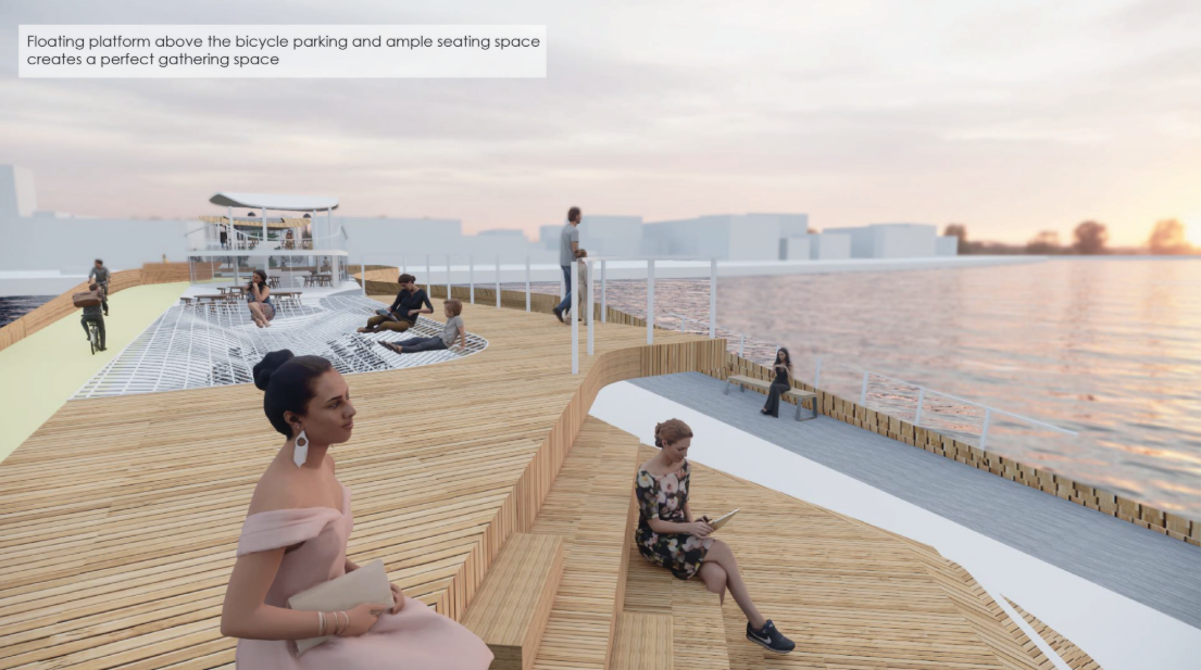 Floating timber deck with hammock-inspired seating creates a vibrant waterfront gathering space.