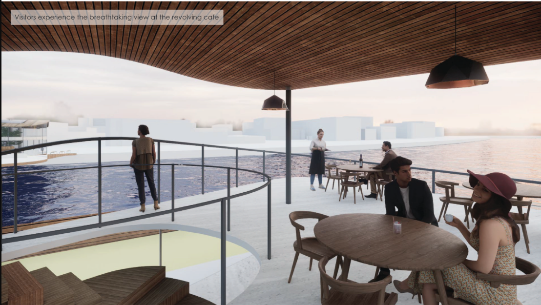 Revolving café offers panoramic water views and transforms the bridge into a dynamic destination.