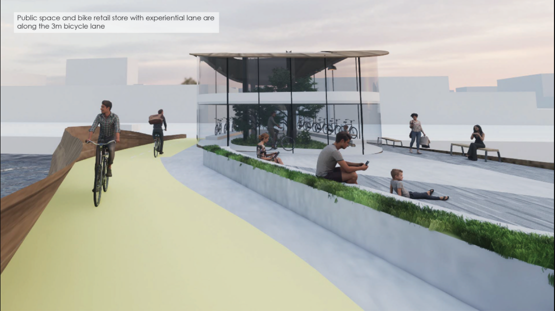 Dedicated 3m experiential cycling lane integrates mobility, retail, and public space.