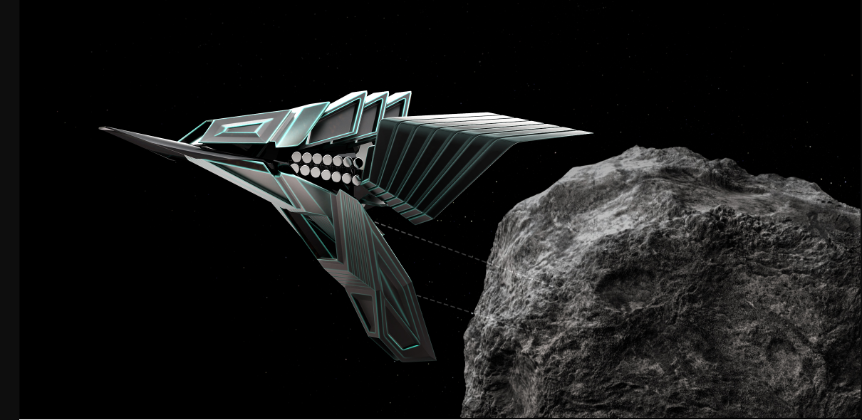 Solar-powered spacecraft harvesting energy near an asteroid for sustained operation.