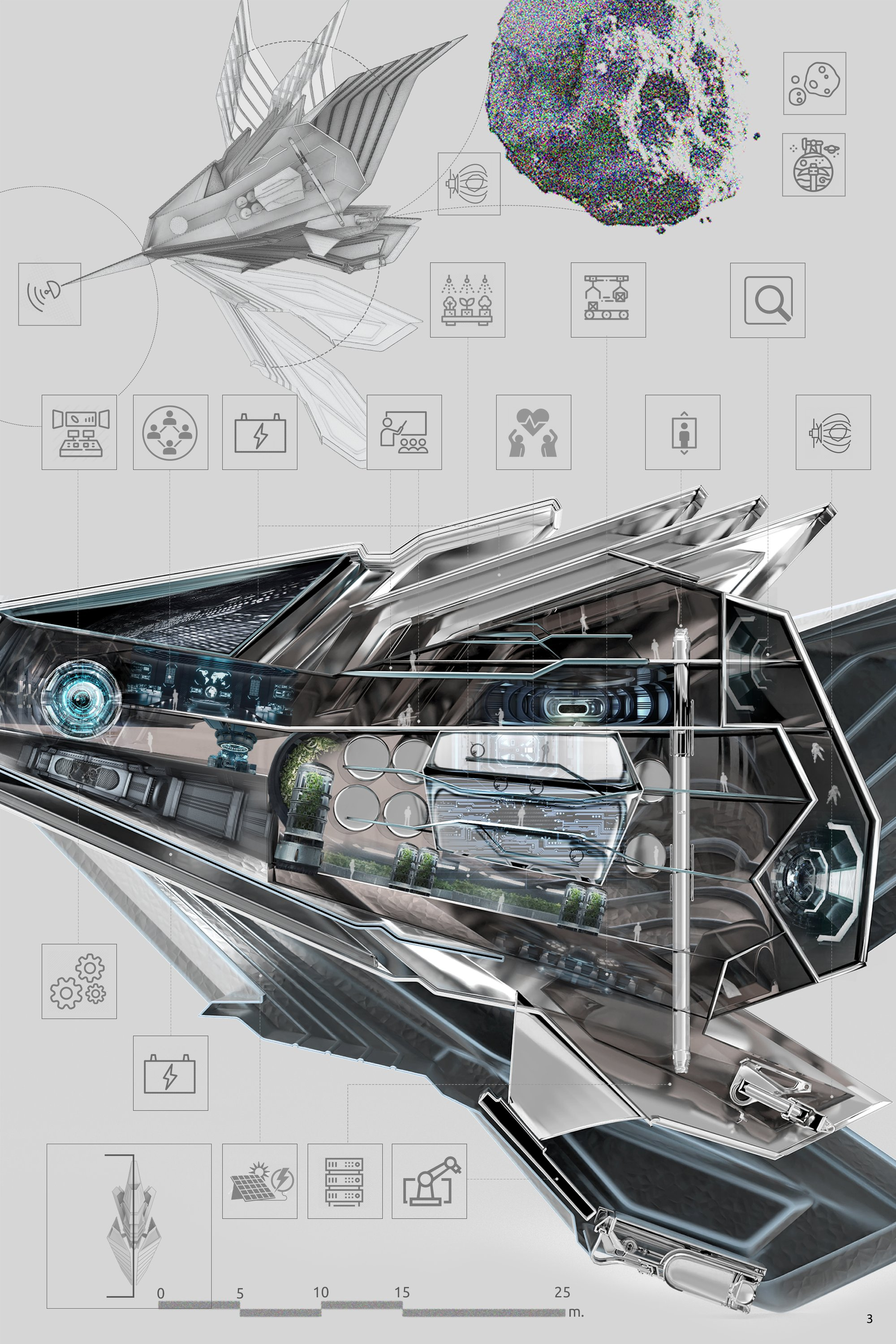 Sectional view revealing integrated life-support systems and modular habitation zones.