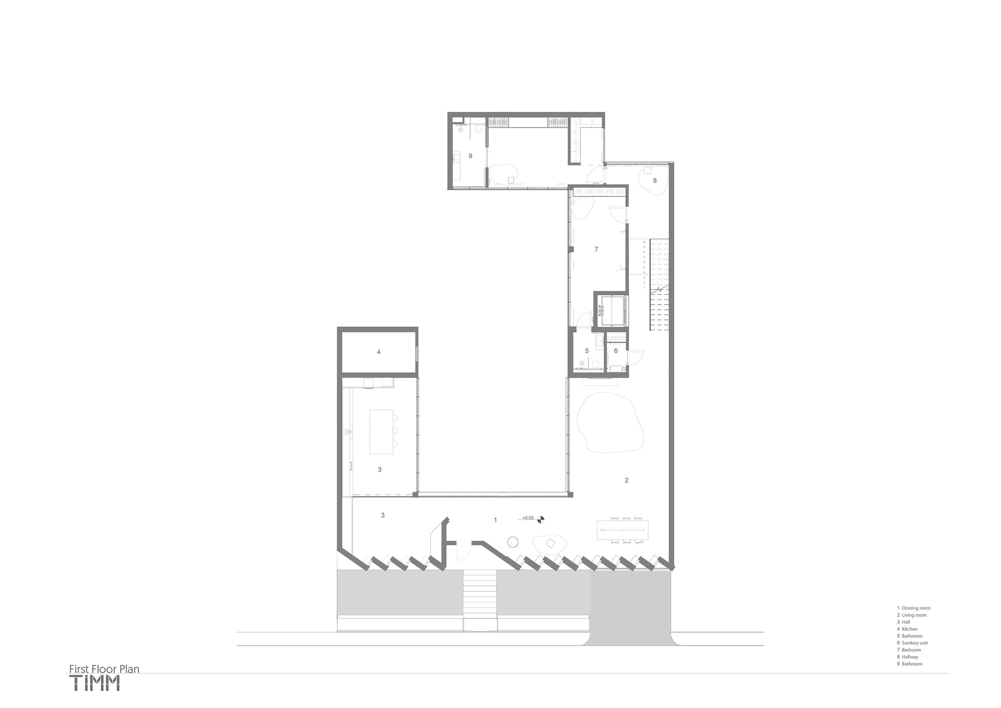 First floor plan drawing showing living areas with central staircase and cantilevered terraces