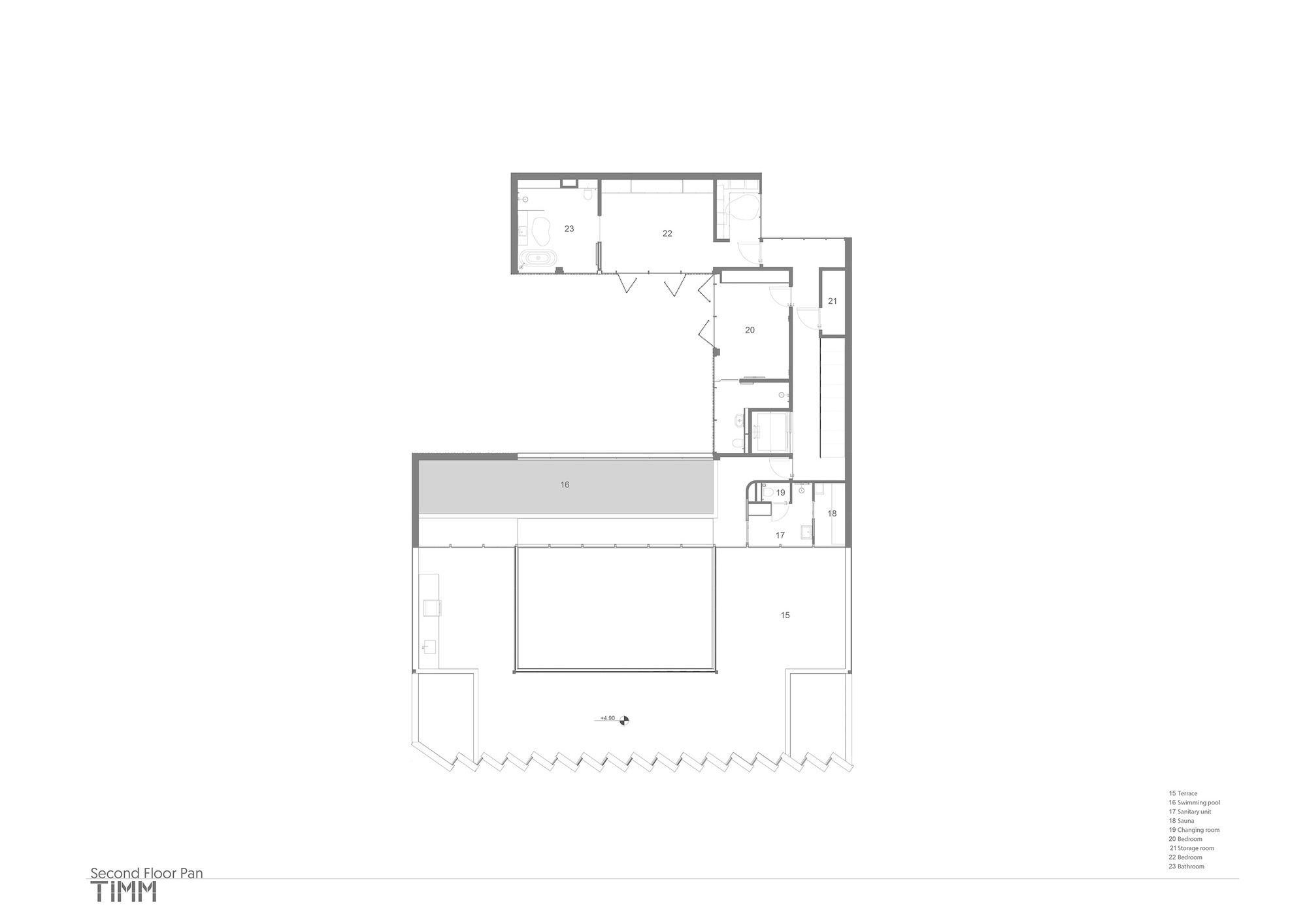 Second floor plan drawing showing bedroom wing with central corridor and rooftop terrace
