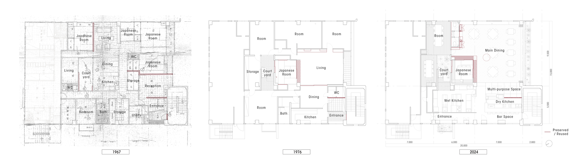 Floor plan drawings showing the evolution of the residential layout across three time periods