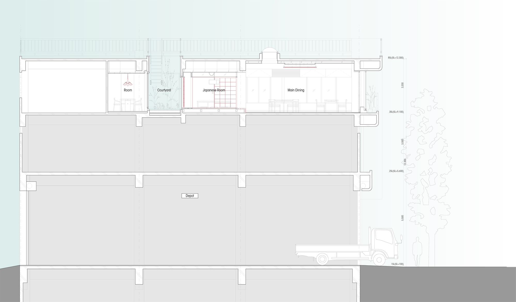 Section drawing revealing the relationship between upper residential spaces and ground-floor commercial volume with courtyard