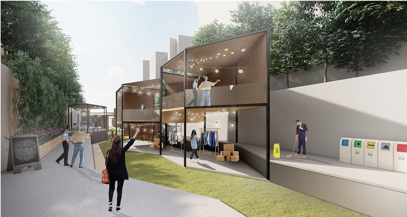 Modular retail and community units activate the sunken railway corridor with flexible, adaptive use.