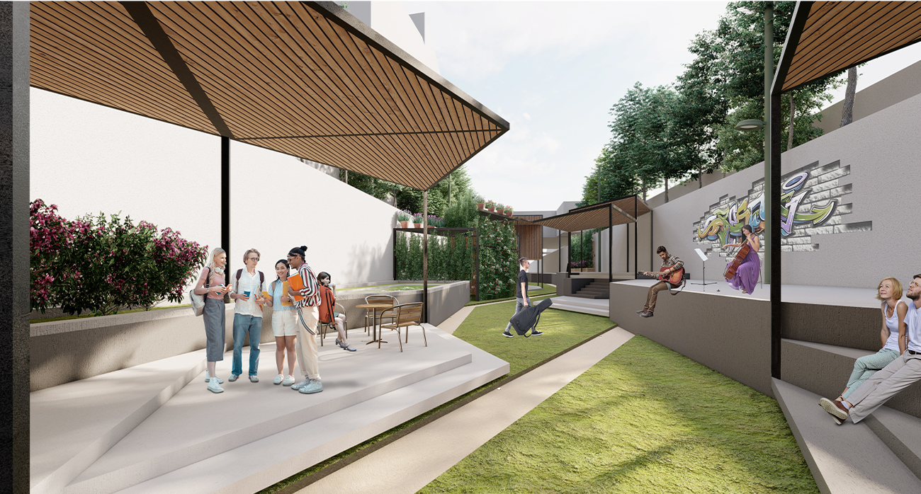 Layered pathways create dynamic circulation through social and recreational zones.